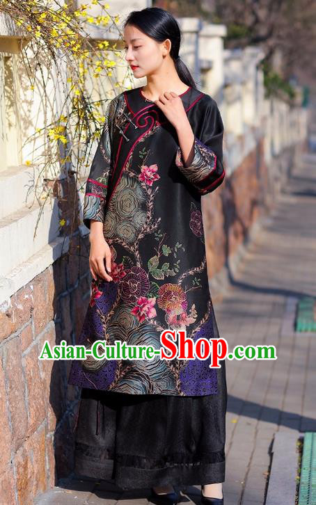 Chinese Traditional Wide Sleeve Qipao Dress Costume National Young Lady Black Silk Cheongsam Chinese Traditional Wide Sleeve Qipao Dress Costume National Young Lady Black Silk Cheongsam