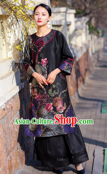 Chinese Traditional Wide Sleeve Qipao Dress Costume National Young Lady Black Silk Cheongsam Chinese Traditional Wide Sleeve Qipao Dress Costume National Young Lady Black Silk Cheongsam