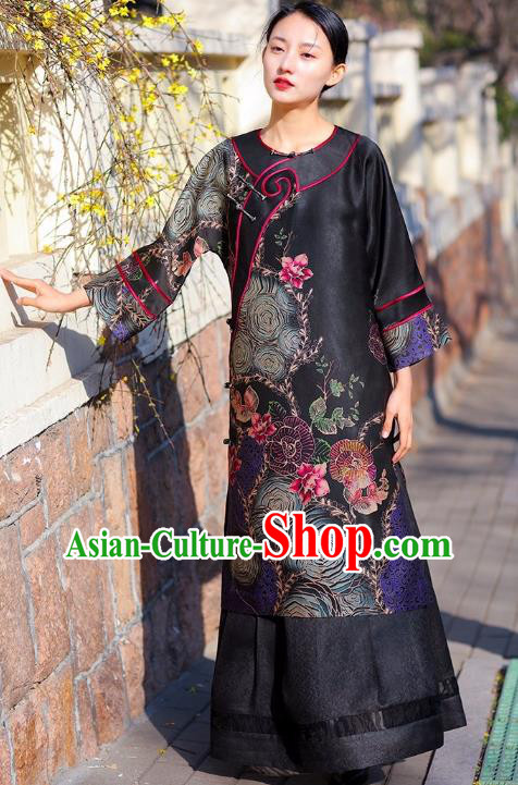 Chinese Traditional Wide Sleeve Qipao Dress Costume National Young Lady Black Silk Cheongsam Chinese Traditional Wide Sleeve Qipao Dress Costume National Young Lady Black Silk Cheongsam