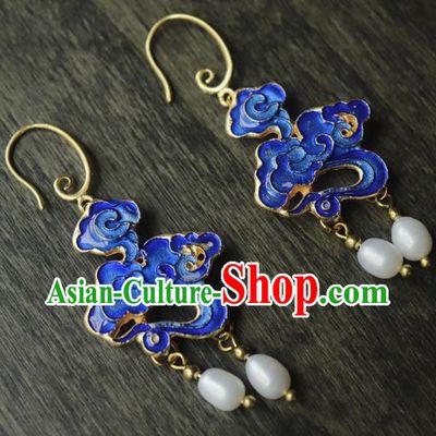 Chinese Traditional Qing Dynasty Court Blueing Cloud Ear Jewelry Ancient Imperial Concubine Earrings