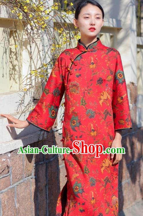Chinese Traditional Printing Flowers Red Qipao Dress Costume National Young Lady Cheongsam Chinese Traditional Printing Flowers Red Qipao Dress Costume National Young Lady Cheongsam