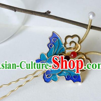 China Ancient Princess Hairpin Traditional Qing Dynasty Court Blueing Butterfly Hair Stick