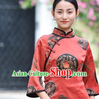 Chinese Traditional Qing Dynasty Red Silk Shirt Clothing Tang Suit Blouse National Woman Upper Outer Garment