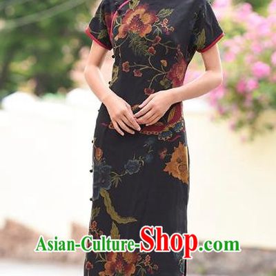 Chinese Traditional Peony Butterfly Pattern Qipao Dress Costume National Young Lady Black Silk Cheongsam