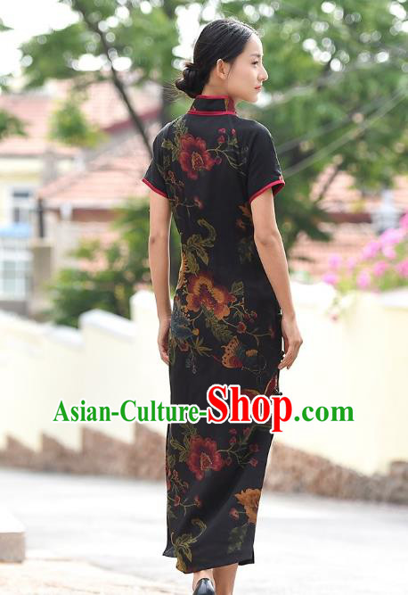 Chinese Traditional Peony Butterfly Pattern Qipao Dress Costume National Young Lady Black Silk Cheongsam Chinese Traditional Peony Butterfly Pattern Qipao Dress Costume National Young Lady Black Silk Cheongsam