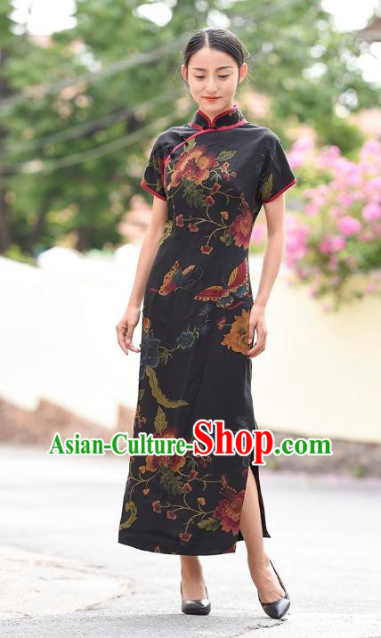 Chinese Traditional Peony Butterfly Pattern Qipao Dress Costume National Young Lady Black Silk Cheongsam Chinese Traditional Peony Butterfly Pattern Qipao Dress Costume National Young Lady Black Silk Cheongsam