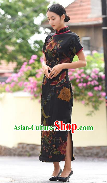 Chinese Traditional Peony Butterfly Pattern Qipao Dress Costume National Young Lady Black Silk Cheongsam Chinese Traditional Peony Butterfly Pattern Qipao Dress Costume National Young Lady Black Silk Cheongsam