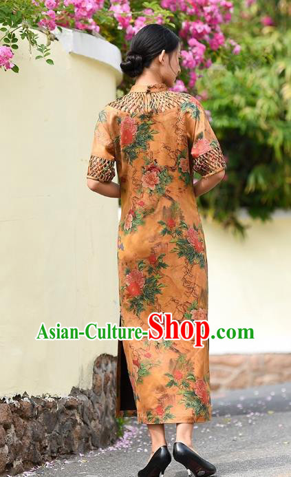 Chinese Traditional Minguo Young Lady Qipao Dress Costume National Printing Peony Yellow Silk Cheongsam Chinese Traditional Minguo Young Lady Qipao Dress Costume National Printing Peony Yellow Silk Cheongsam