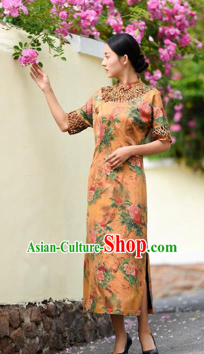 Chinese Traditional Minguo Young Lady Qipao Dress Costume National Printing Peony Yellow Silk Cheongsam Chinese Traditional Minguo Young Lady Qipao Dress Costume National Printing Peony Yellow Silk Cheongsam
