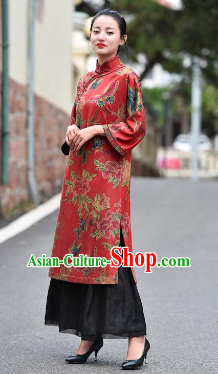 Chinese Traditional Minguo Wedding Red Silk Qipao Dress Costume National Printing Peony Butterfly Cheongsam Chinese Traditional Minguo Wedding Red Silk Qipao Dress Costume National Printing Peony Butterfly Cheongsam