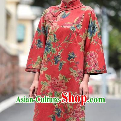 Chinese Traditional Minguo Wedding Red Silk Qipao Dress Costume National Printing Peony Butterfly Cheongsam