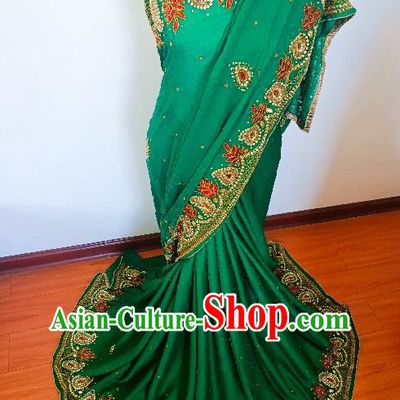 Indian Traditional Female Costume Asian India Stage Performance Embroidered Green Sari Dress