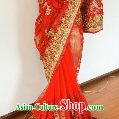 Asian India Stage Performance Embroidered Red Sari Dress Indian Traditional Female Costume