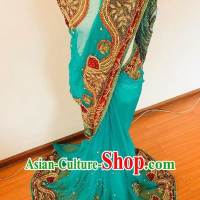 Asian India Embroidered Blue Sari Dress Indian Traditional Female Stage Performance Costume
