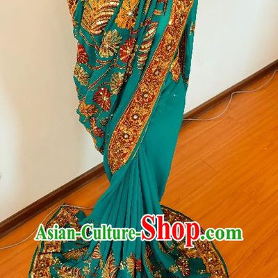 Asian India Embroidery Beads Blue Sari Dress Indian Traditional Folk Dance Costume