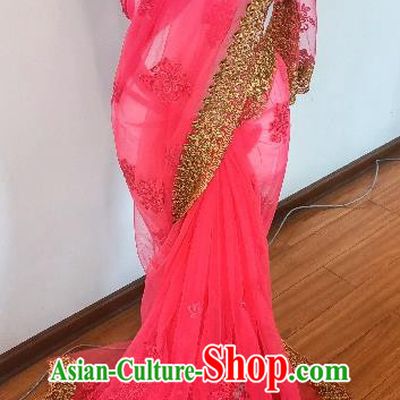 Indian Traditional Folk Dance Costume Asian India Embroidery Rosy Veil Sari Dress