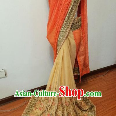 Asian India Stage Performance Embroidery Yellow Sari Dress Indian Traditional Woman Costume