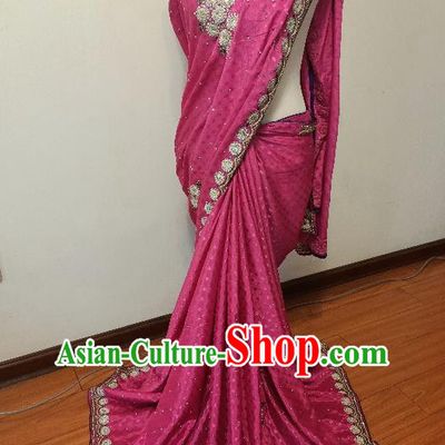 Asian India Folk Dance Embroidery Rosy Sari Dress Indian Traditional Wedding Costume