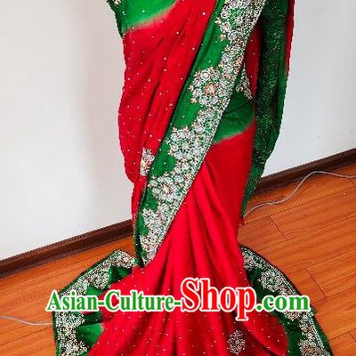 Asian India Red and Green Sari Dress Indian Traditional Folk Dance Costume