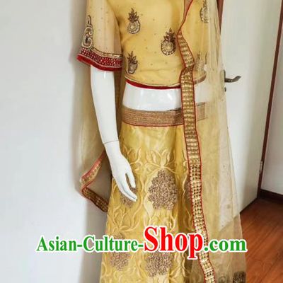 Asian India Belly Dance Embroidered Yellow Dress Outfits Indian Traditional Lehenga Costumes