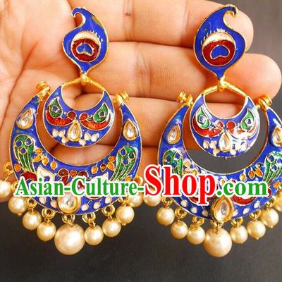 Asian Indian Stage Performance Earrings India Bollywood Folk Dance Cloisonne Blue Ear Accessories