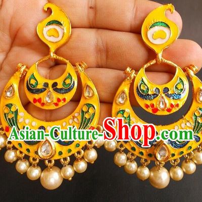 Asian Indian Classical Cloisonne Yellow Earrings India Bollywood Folk Dance Ear Accessories