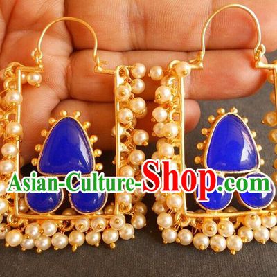Asian Indian Stage Performance Blue Earrings India Folk Dance Pearls Ear Accessories