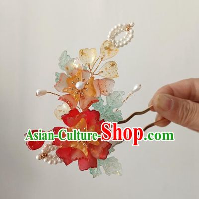 China Ancient Princess Red Flower Hairpin Traditional Song Dynasty Pearls Hair Stick