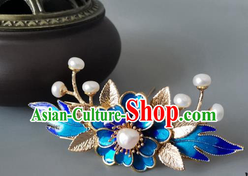 China Ancient Princess Hairpin Traditional Ming Dynasty Blue Peony Hair Crown China Ancient Princess Hairpin Traditional Ming Dynasty Blue Peony Hair Crown