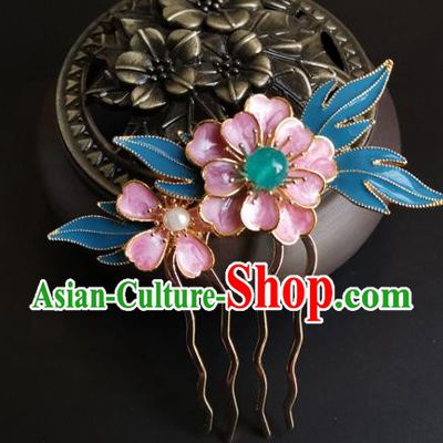 China Ancient Young Lady Hairpin Traditional Ming Dynasty Cloisonne Pink Peony Hair Comb