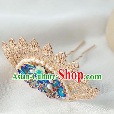 China Ancient Noble Woman Hairpin Traditional Ming Dynasty Cloisonne Pearls Hair Crown