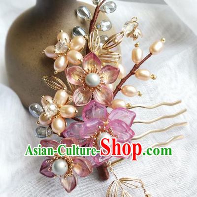 China Ancient Princess Pearls Hairpin Traditional Song Dynasty Purple Sakura Hair Comb