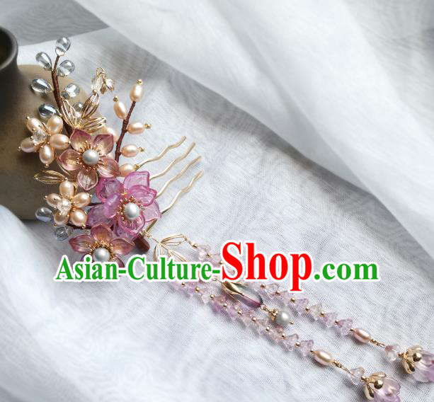China Ancient Princess Pearls Hairpin Traditional Song Dynasty Purple Sakura Hair Comb China Ancient Princess Pearls Hairpin Traditional Song Dynasty Purple Sakura Hair Comb
