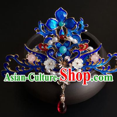 China Ancient Court Woman Tassel Hairpin Traditional Ming Dynasty Blueing Hair Crown