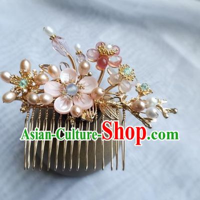 China Ancient Princess Pink Shell Plum Hairpin Traditional Song Dynasty Pearls Hair Comb