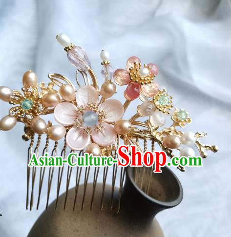China Ancient Princess Pink Shell Plum Hairpin Traditional Song Dynasty Pearls Hair Comb China Ancient Princess Pink Shell Plum Hairpin Traditional Song Dynasty Pearls Hair Comb