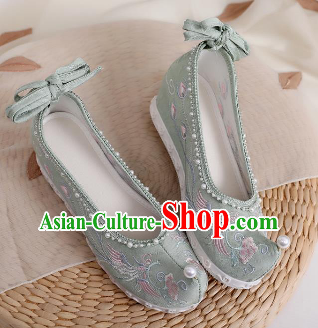 China Traditional Pearls Hanfu Shoes Embroidered Phoenix Shoes Handmade National Green Cloth Shoes