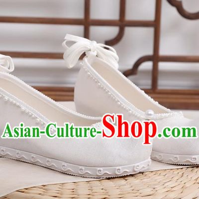 China National White Cloth Shoes Traditional Ming Dynasty Hanfu Shoes Handmade Pearls Bow Shoes
