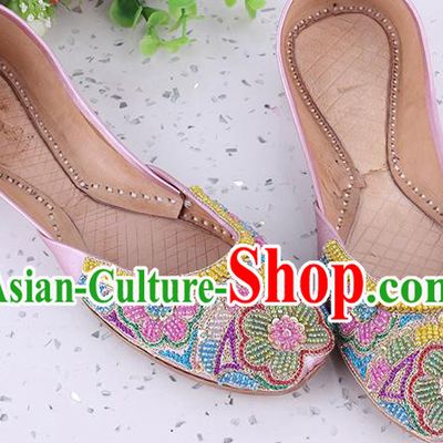 Indian Handmade Embroidery Beads Flowers Shoes Asian Traditional Wedding Pink Leather Shoes Folk Dance Shoes