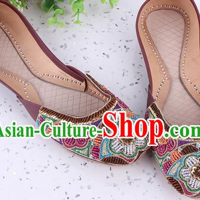 Asian Handmade Embroidery Beads Wine Red Shoes Traditional Court Leather Shoes Indian Folk Dance Shoes