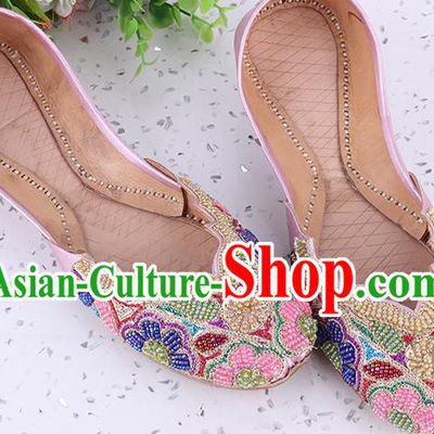 Indian Folk Dance Shoes Asian Handmade Embroidery Beads Pink Shoes Traditional Court Leather Shoes