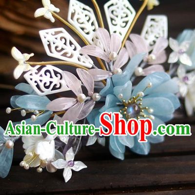 Chinese Ancient Empress Shell Hairpin Traditional Song Dynasty Court Aquamarine Chrysanthemum Hair Crown