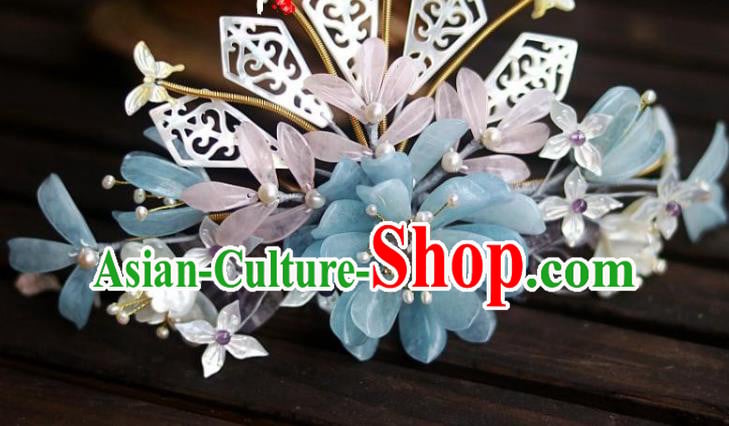 Chinese Ancient Empress Shell Hairpin Traditional Song Dynasty Court Aquamarine Chrysanthemum Hair Crown Chinese Ancient Empress Shell Hairpin Traditional Song Dynasty Court Aquamarine Chrysanthemum Hair Crown
