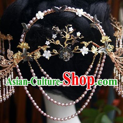 Chinese Ancient Empress Back Hairpin Traditional Ming Dynasty Court Woman Pearls Tassel Hair Crown
