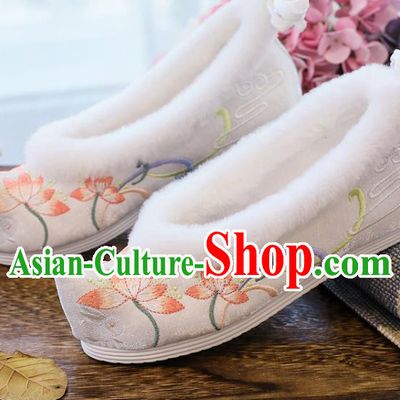 China Traditional White Satin Shoes Handmade Ming Dynasty Winter Bow Shoes National Embroidered Lotus Shoes