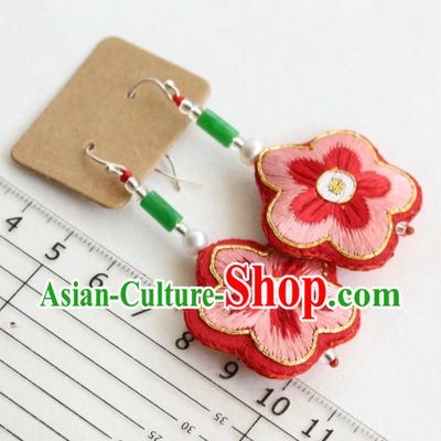 China Classical Cheongsam Embroidered Red Plum Ear Jewelry Handmade National Jade Earrings