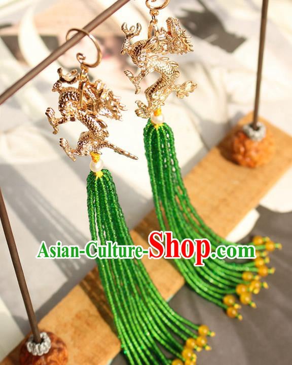 China Classical Cheongsam Golden Dragon Ear Jewelry Handmade National Green Beads Tassel Earrings China Classical Cheongsam Golden Dragon Ear Jewelry Handmade National Green Beads Tassel Earrings