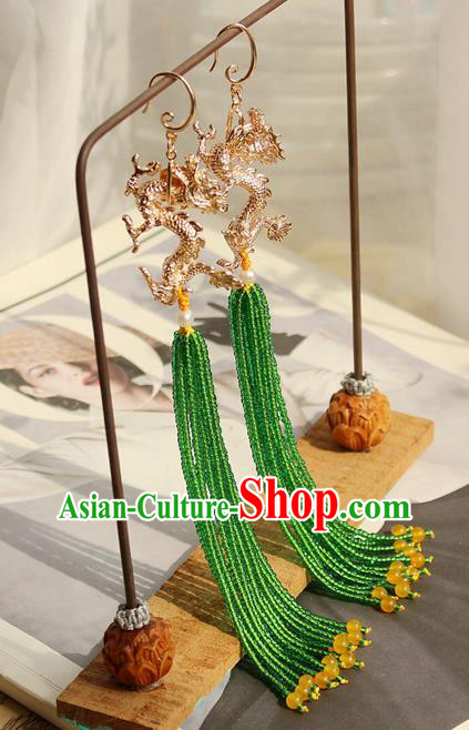 China Classical Cheongsam Golden Dragon Ear Jewelry Handmade National Green Beads Tassel Earrings China Classical Cheongsam Golden Dragon Ear Jewelry Handmade National Green Beads Tassel Earrings
