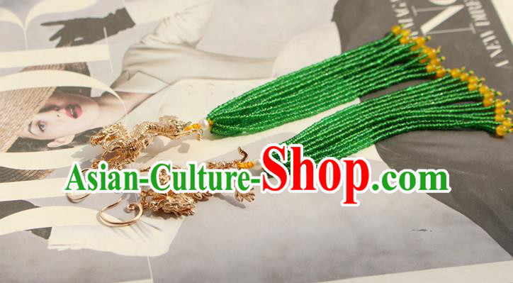 China Classical Cheongsam Golden Dragon Ear Jewelry Handmade National Green Beads Tassel Earrings China Classical Cheongsam Golden Dragon Ear Jewelry Handmade National Green Beads Tassel Earrings