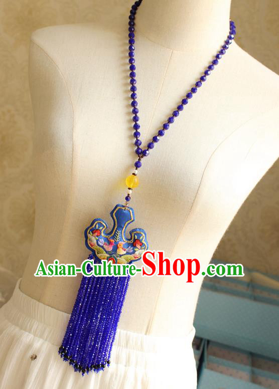 China Handmade Royalblue Beads Tassel Necklet Accessories Traditional Cheongsam Embroidered Sachet Necklace China Handmade Royalblue Beads Tassel Necklet Accessories Traditional Cheongsam Embroidered Sachet Necklace